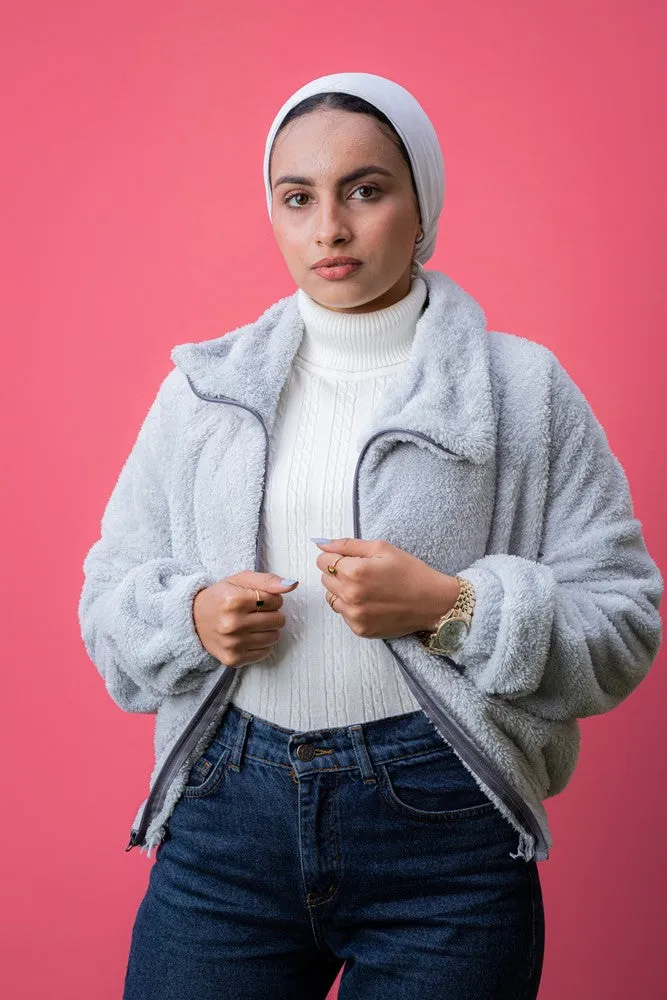 سويت شيرت أوفر سايز فرو بسحاب أمامي وبجيوب أمامية