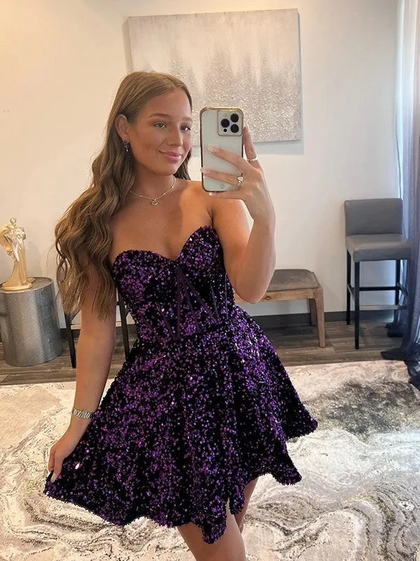 A-Line Sweetheart Sleeveless Short Velvet Sequin Prom Dress (AF1027)
