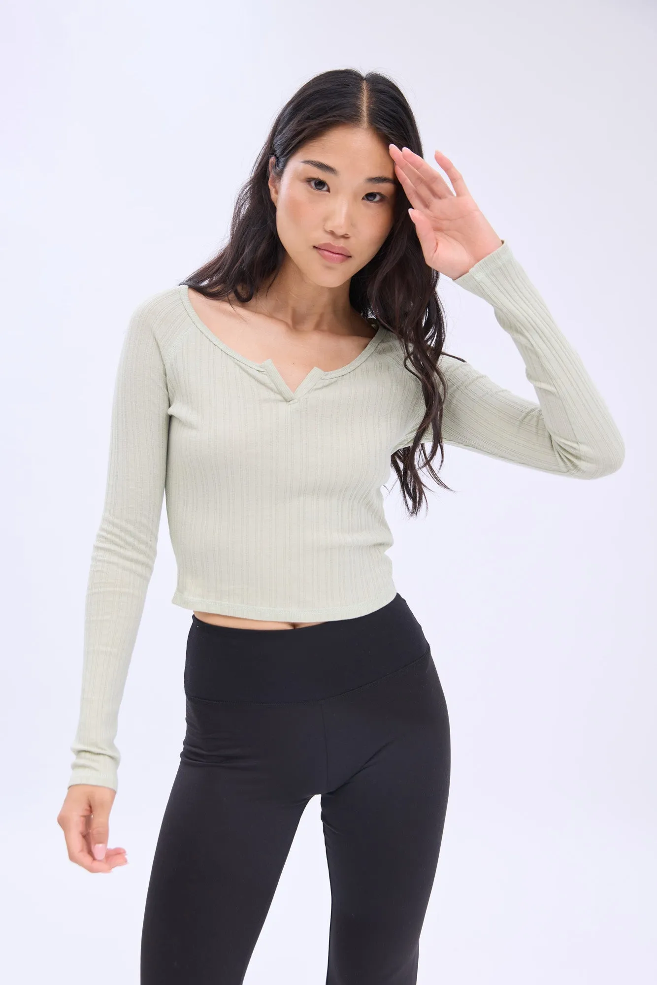 AERO Ribbed Long Sleeve Notch Neck Tee