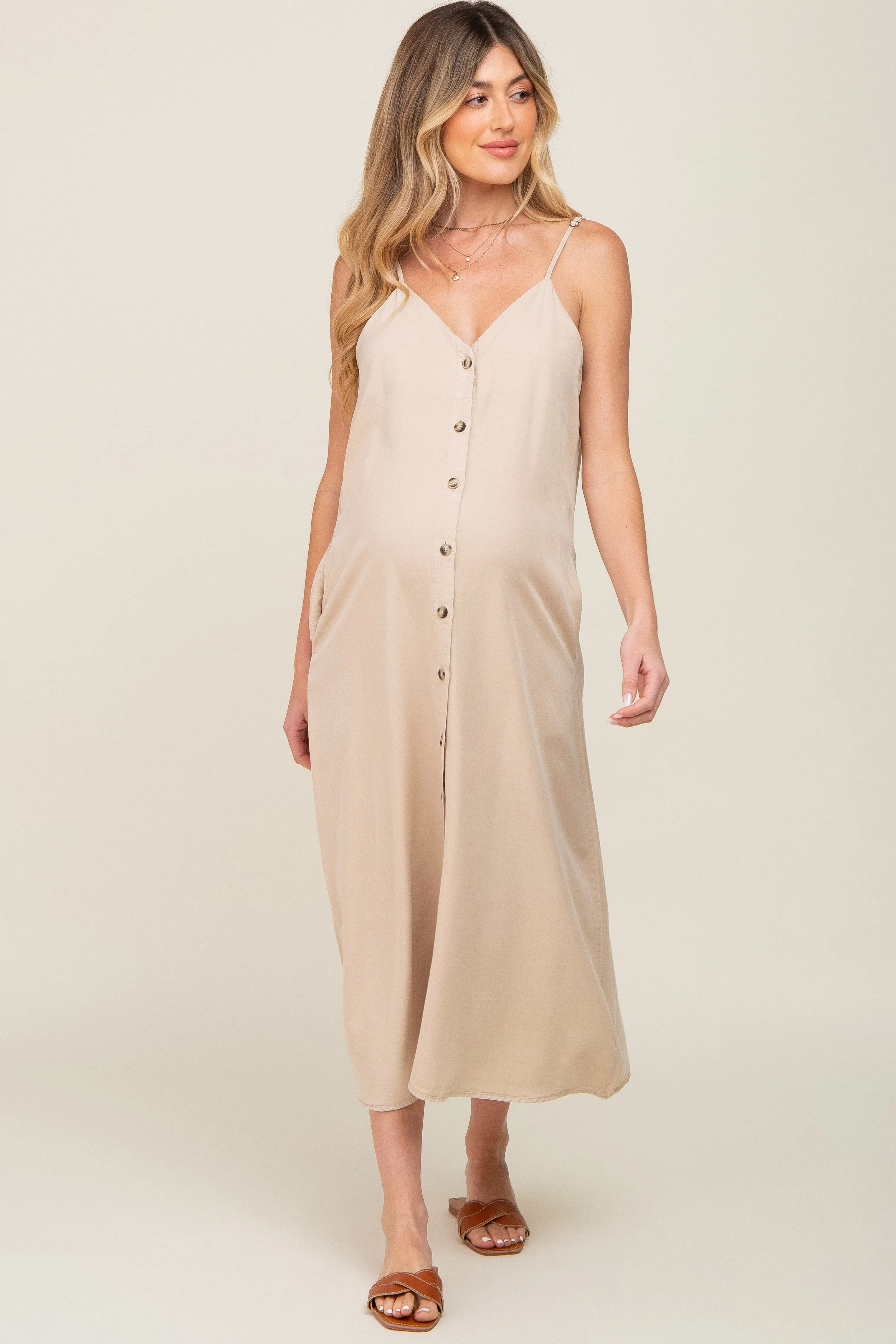 Beige Button Down Maternity Midi Tank Dress