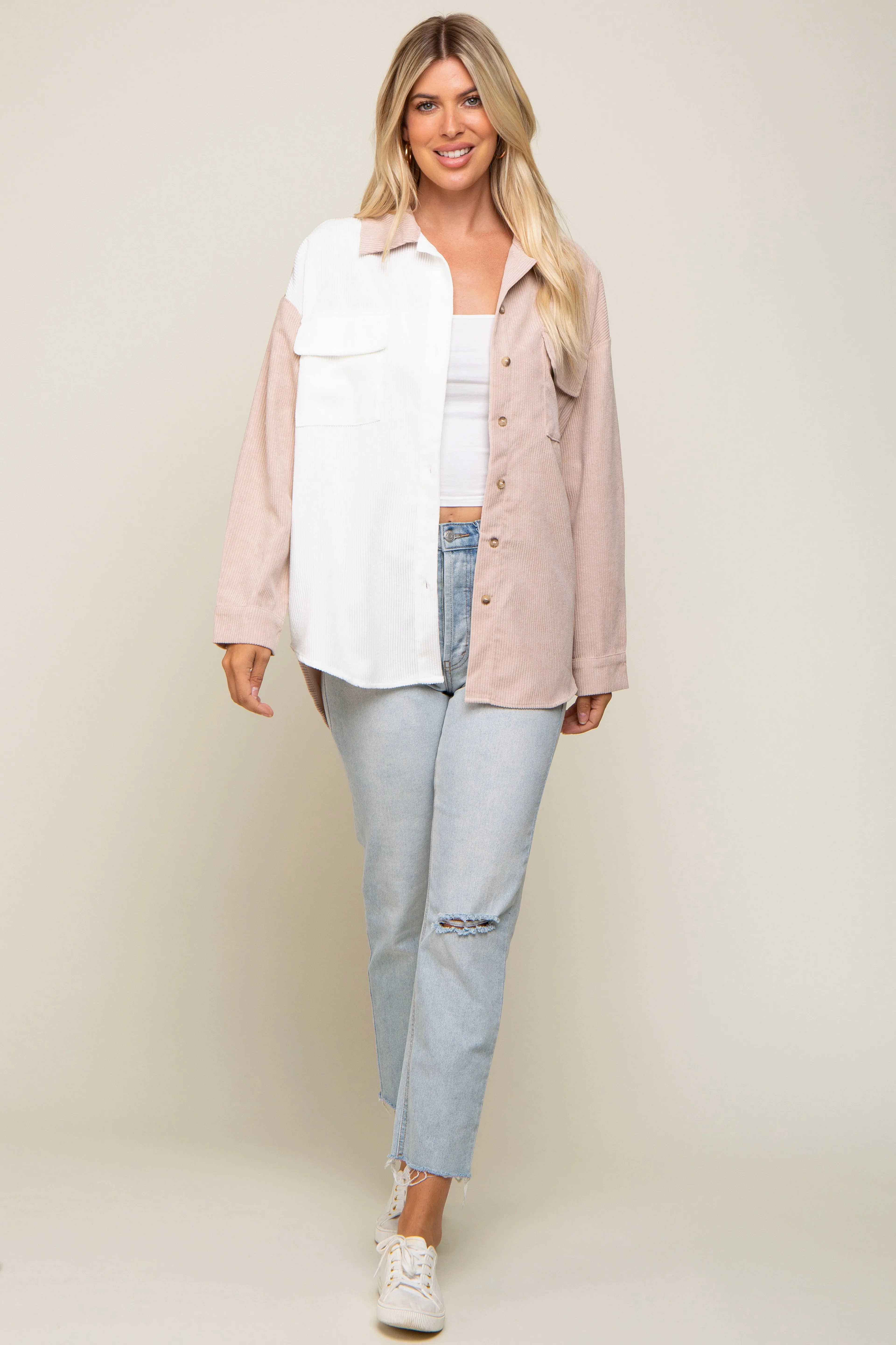 Beige Color blocked Courdoroy Button Down Top