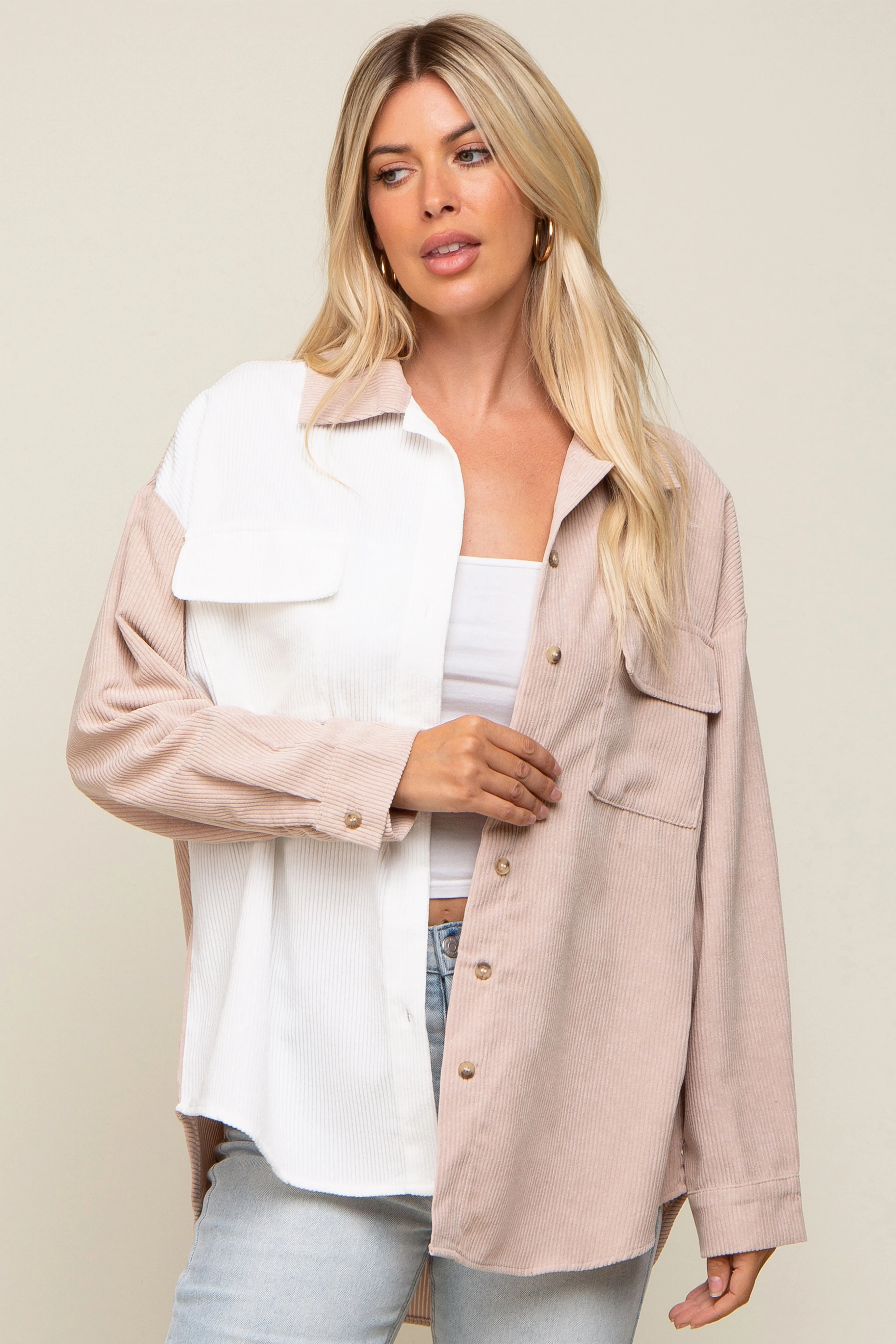 Beige Color blocked Courdoroy Button Down Top