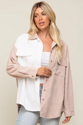 Beige Color blocked Courdoroy Button Down Top