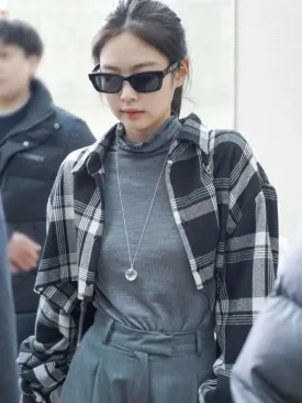 Blackpink Jennie Kim Inspired Short Plaid Gray Flannel Shirt