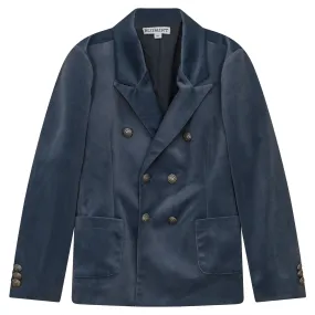 Deluxe Double-Buttoned Steel Blue Velvet Blazer