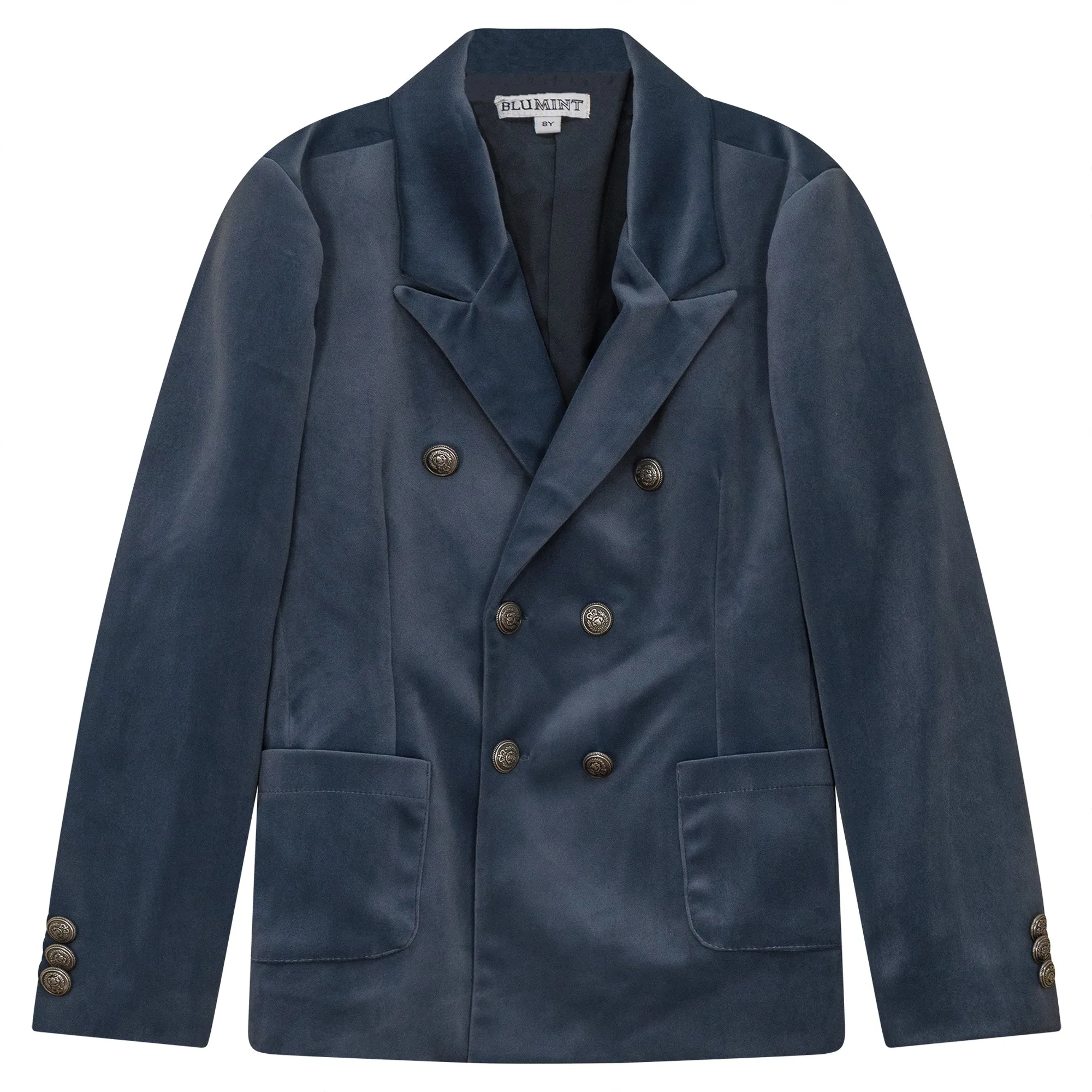 Deluxe Double-Buttoned Steel Blue Velvet Blazer