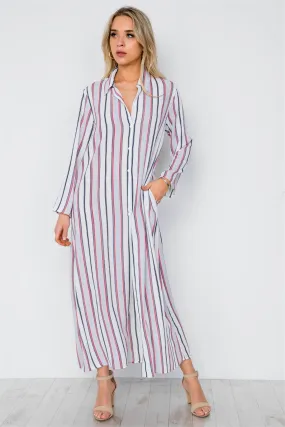 Blue Multi Stripe Button Down Maxi Blouse Shirt