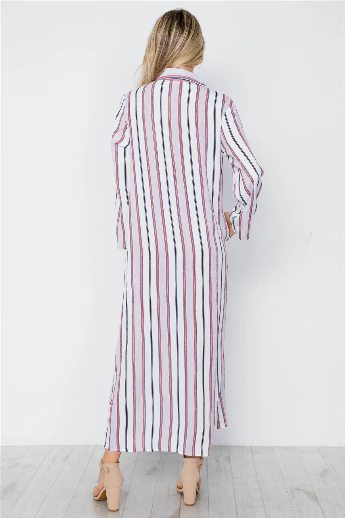 Blue Multi Stripe Button Down Maxi Blouse Shirt