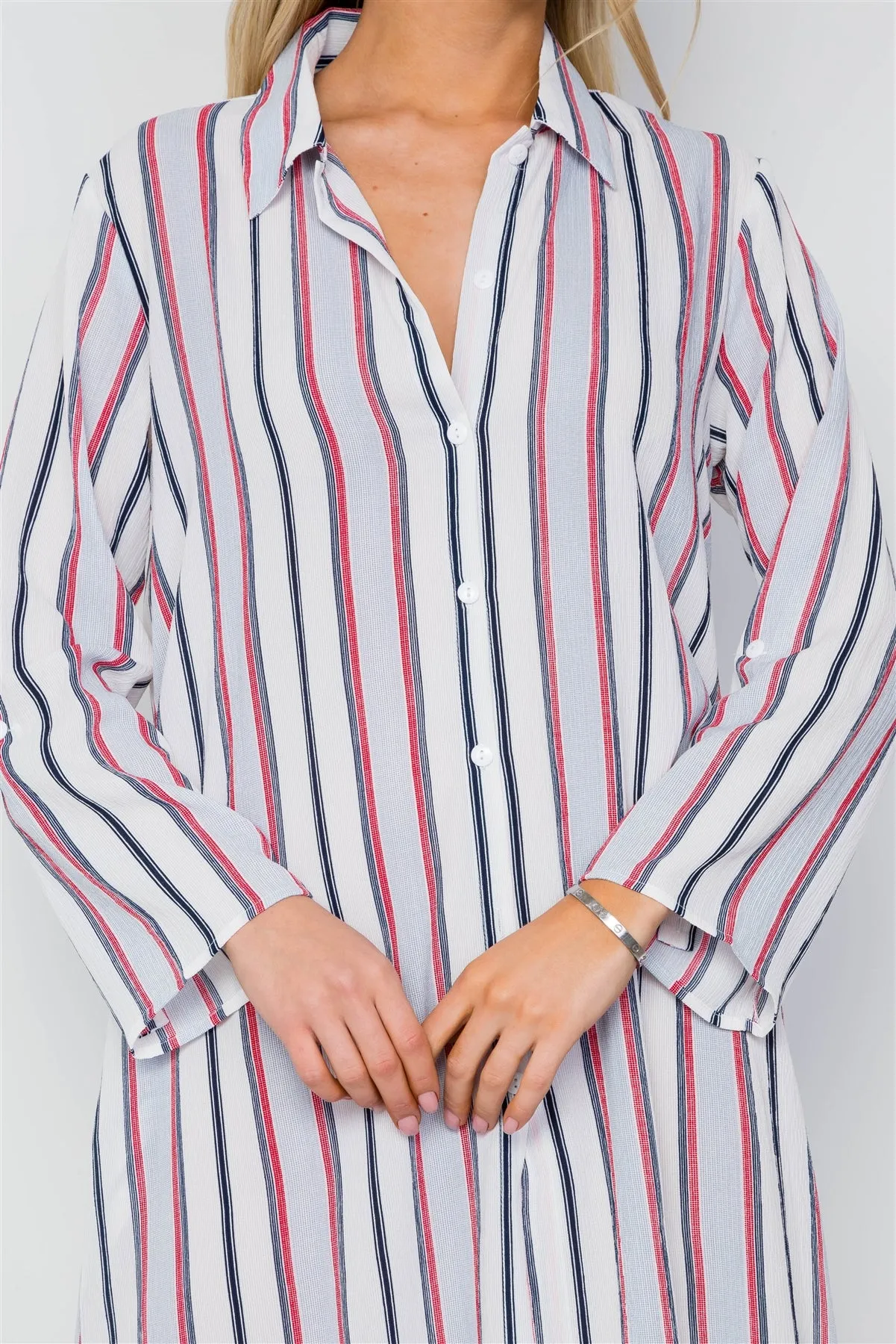 Blue Multi Stripe Button Down Maxi Blouse Shirt