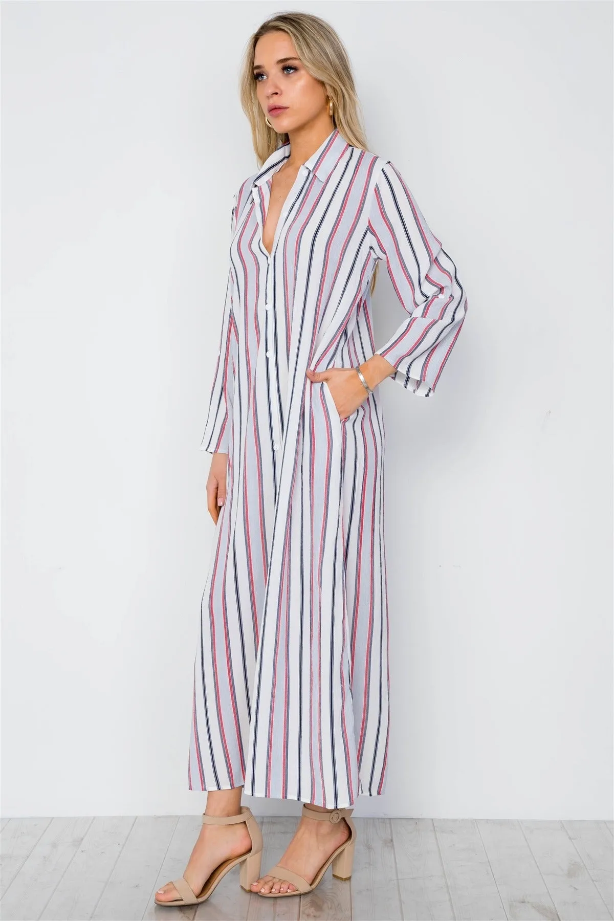 Blue Multi Stripe Button Down Maxi Blouse Shirt