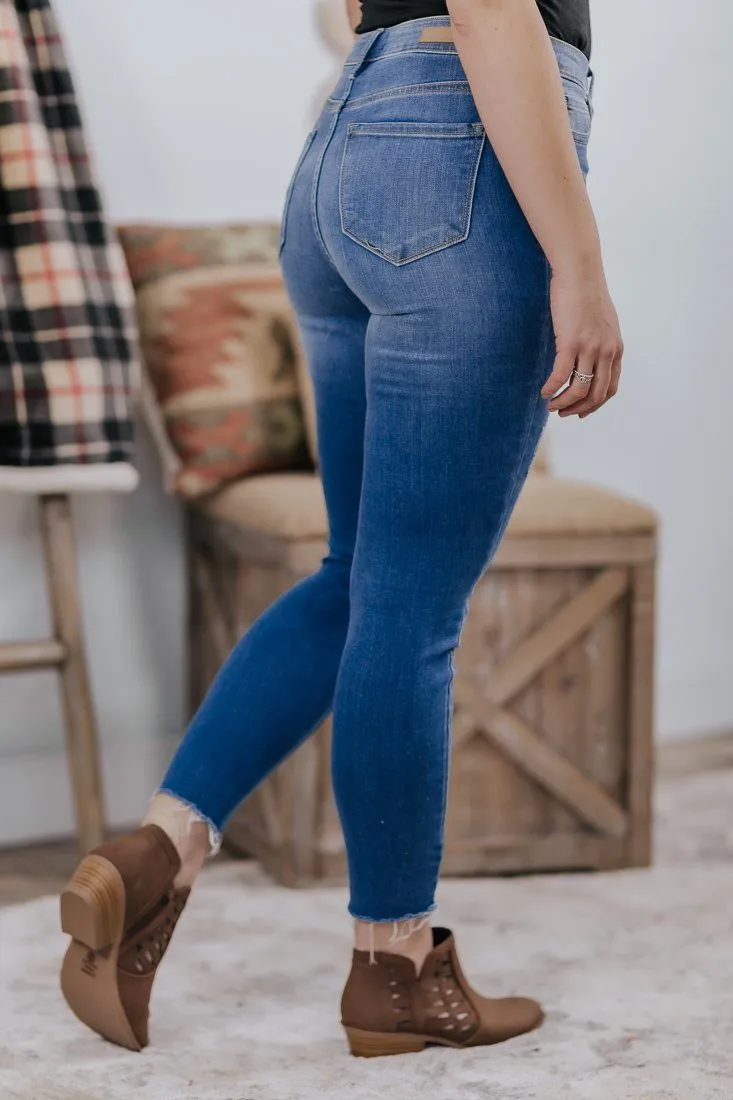 Carrah Cello High Rise 5 Button Distressed Medium Wash Skinny Jeans
