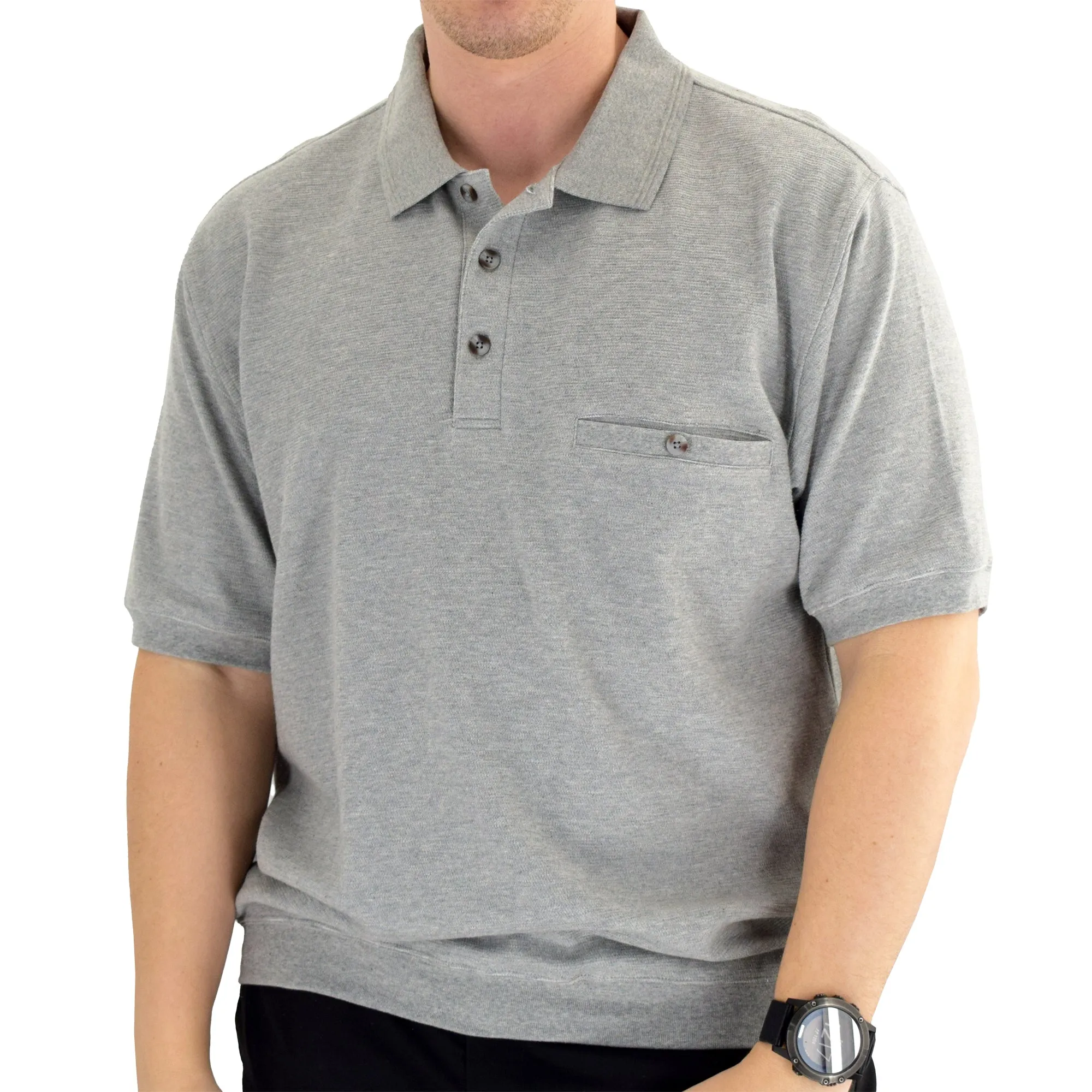 Classics by Palmland Short Sleeve 3 Button Banded Bottom Knit Collar 6070-100-Grey Hth