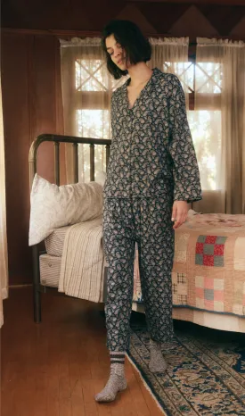 Flannel Long PJ Set in Navy/Cream Vintage Paisley