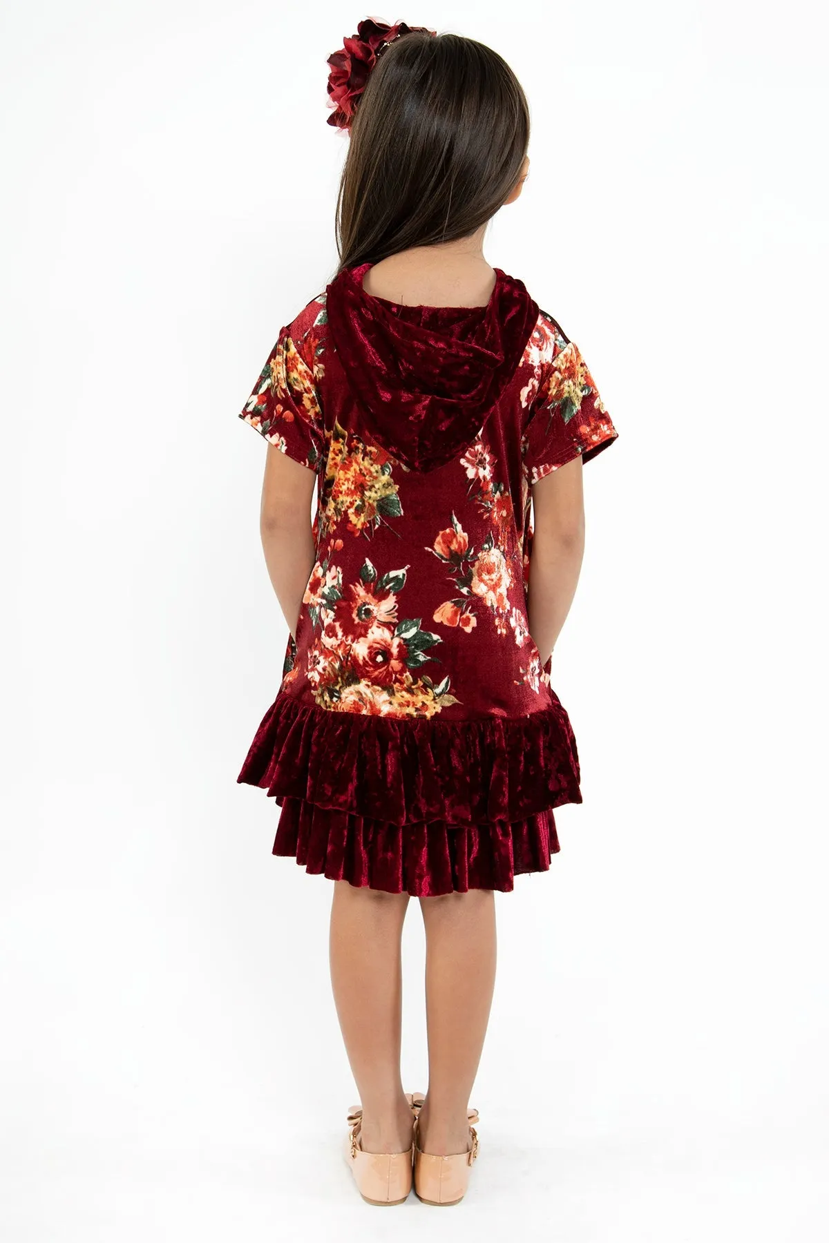 Floral Velvet Hoodie Ruffle Girls Dress