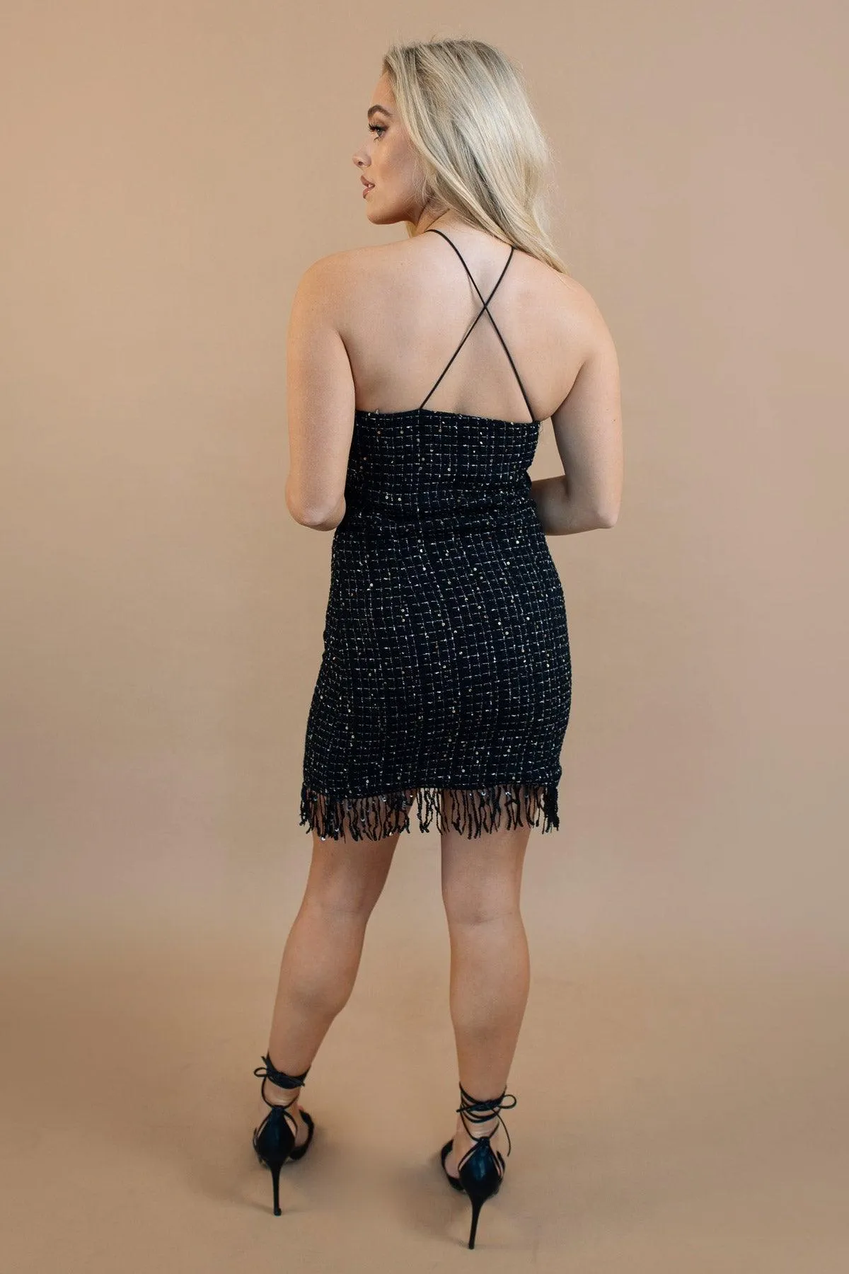 Fringe Fling Black Sequin Tweed Dress - Final Sale