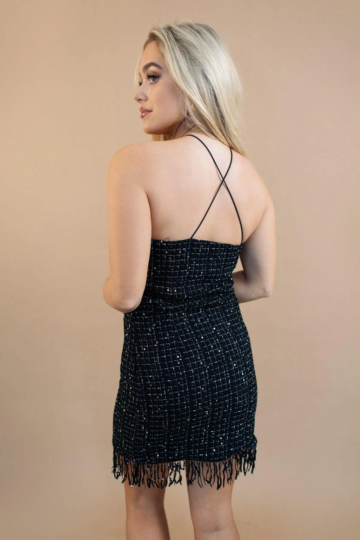 Fringe Fling Black Sequin Tweed Dress - Final Sale