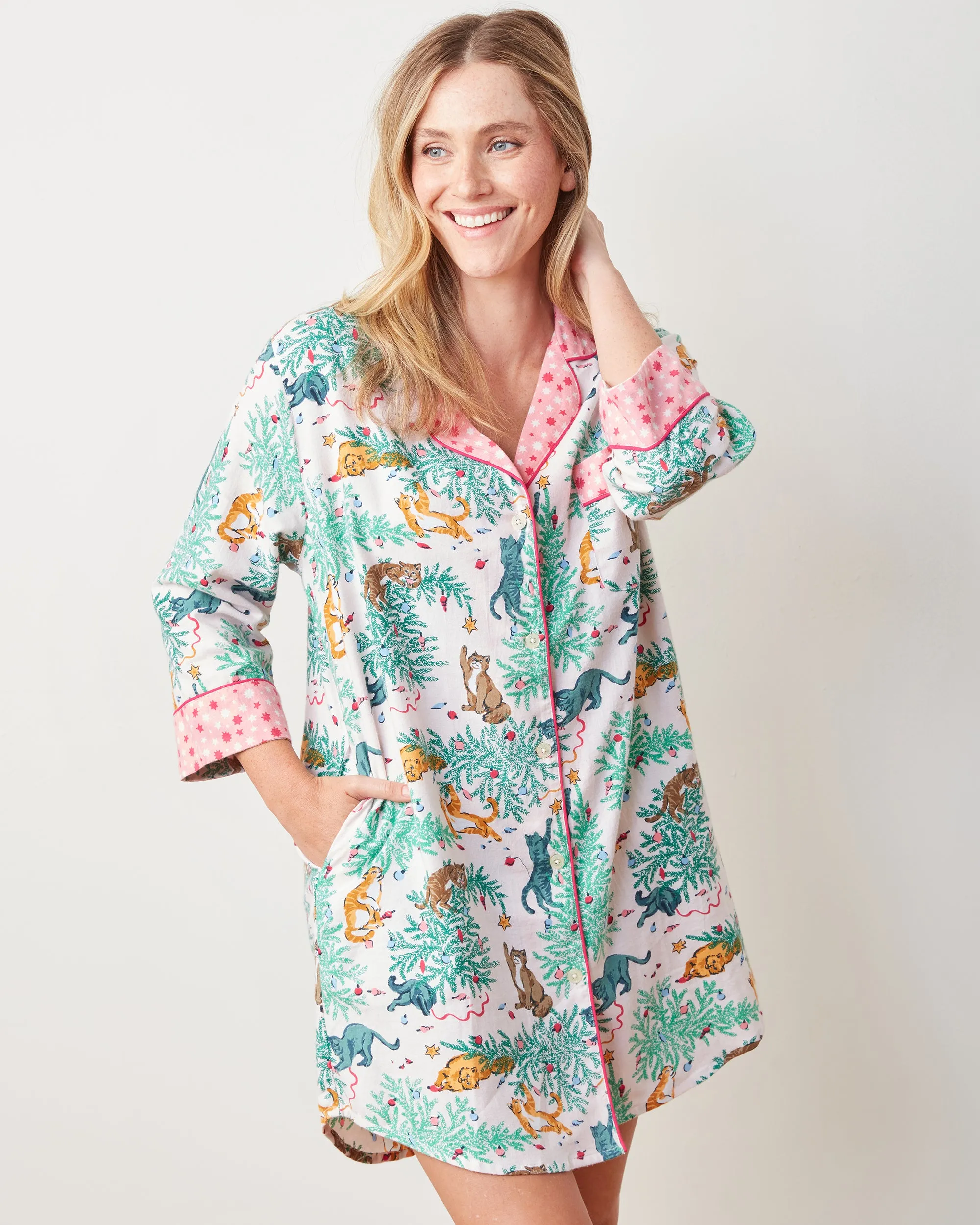 Frisky Firs - Lightweight Flannel Sleep Shirt - Sweet Cream