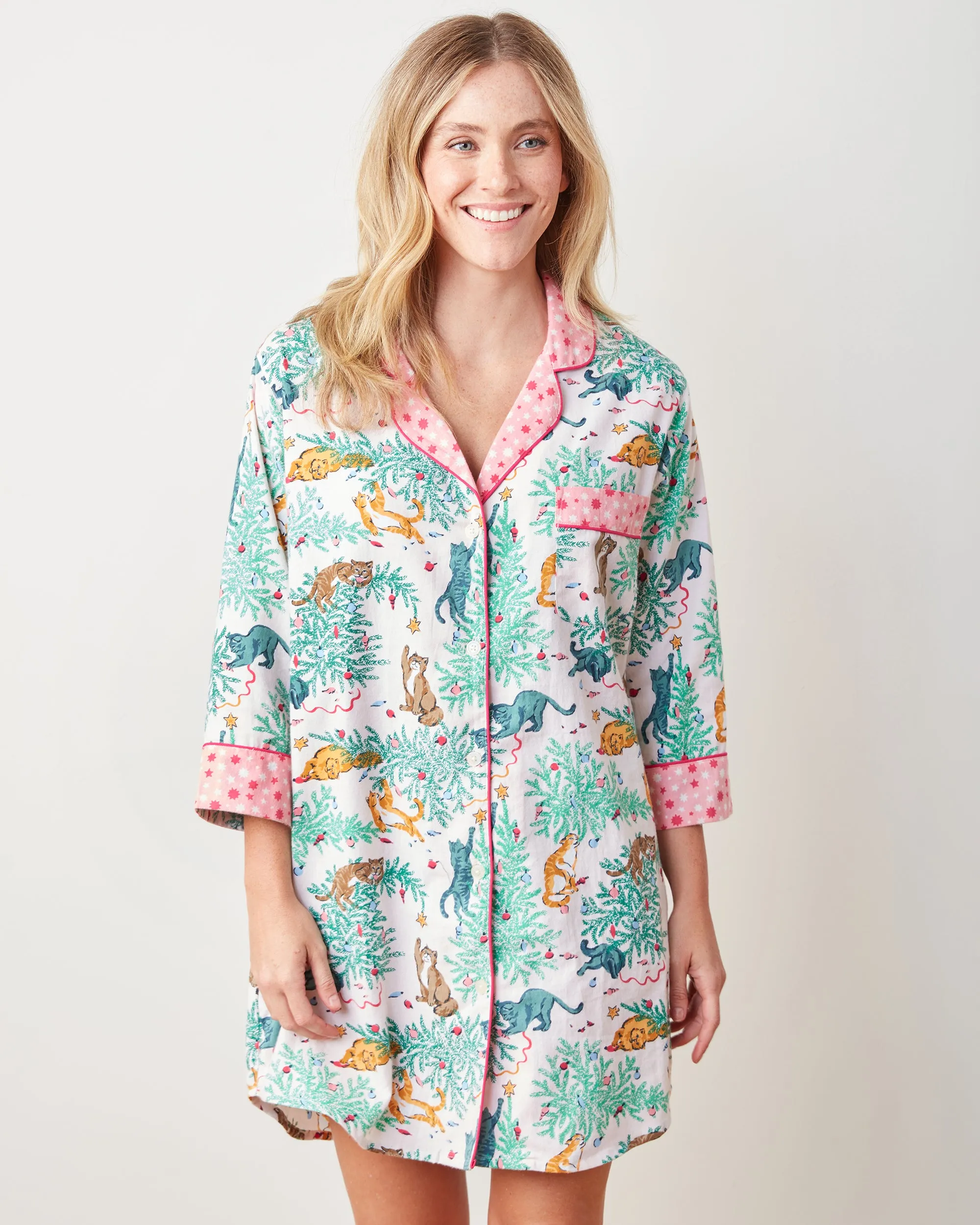 Frisky Firs - Lightweight Flannel Sleep Shirt - Sweet Cream