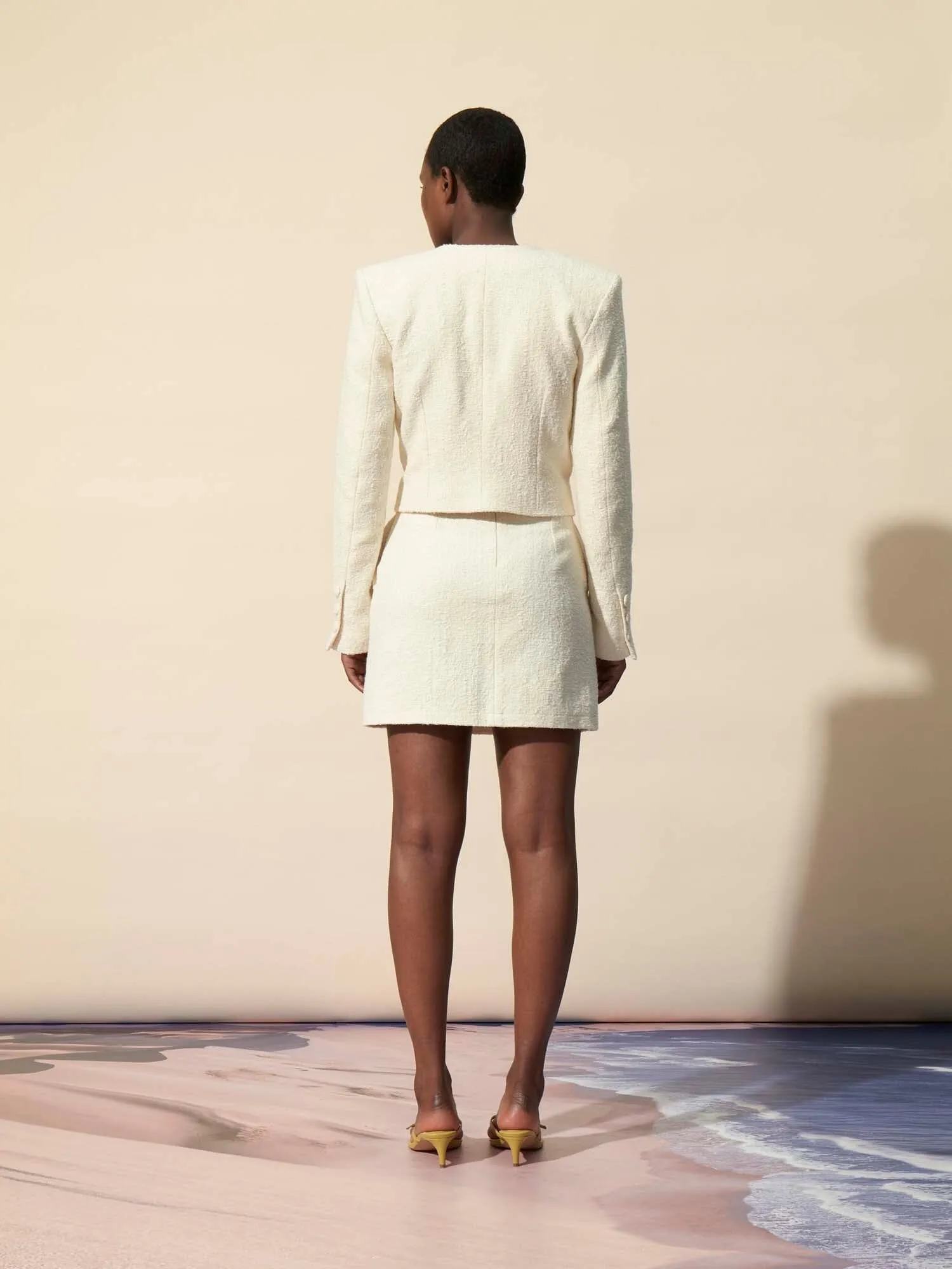 GRACE - Veste cropped à épaulettes en tweed coton et laine texturé Ecru