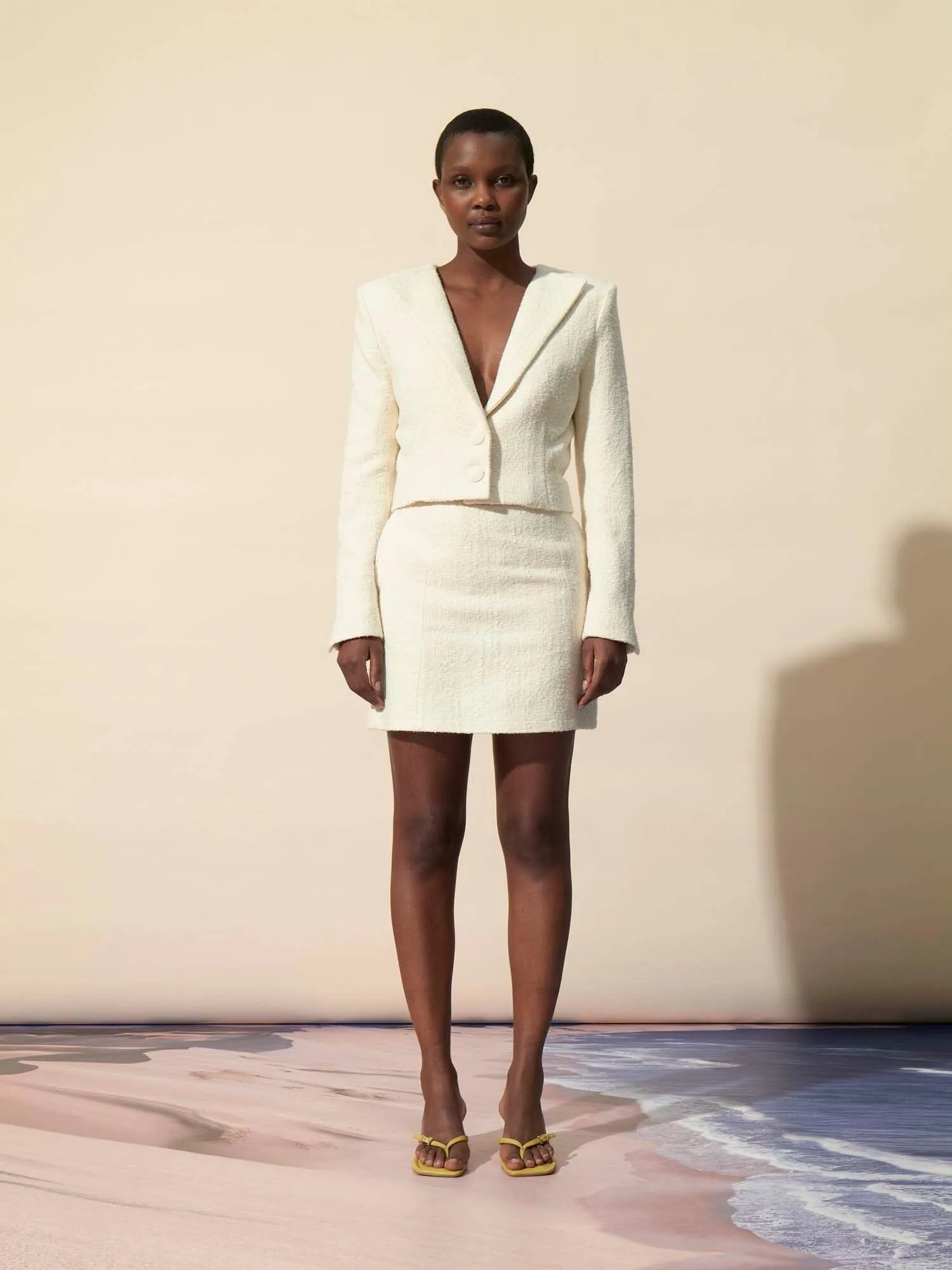 GRACE - Veste cropped à épaulettes en tweed coton et laine texturé Ecru