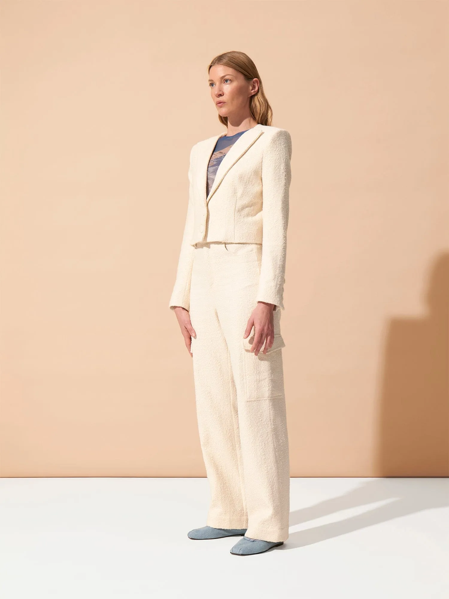 GRACE - Veste cropped à épaulettes en tweed coton et laine texturé Ecru