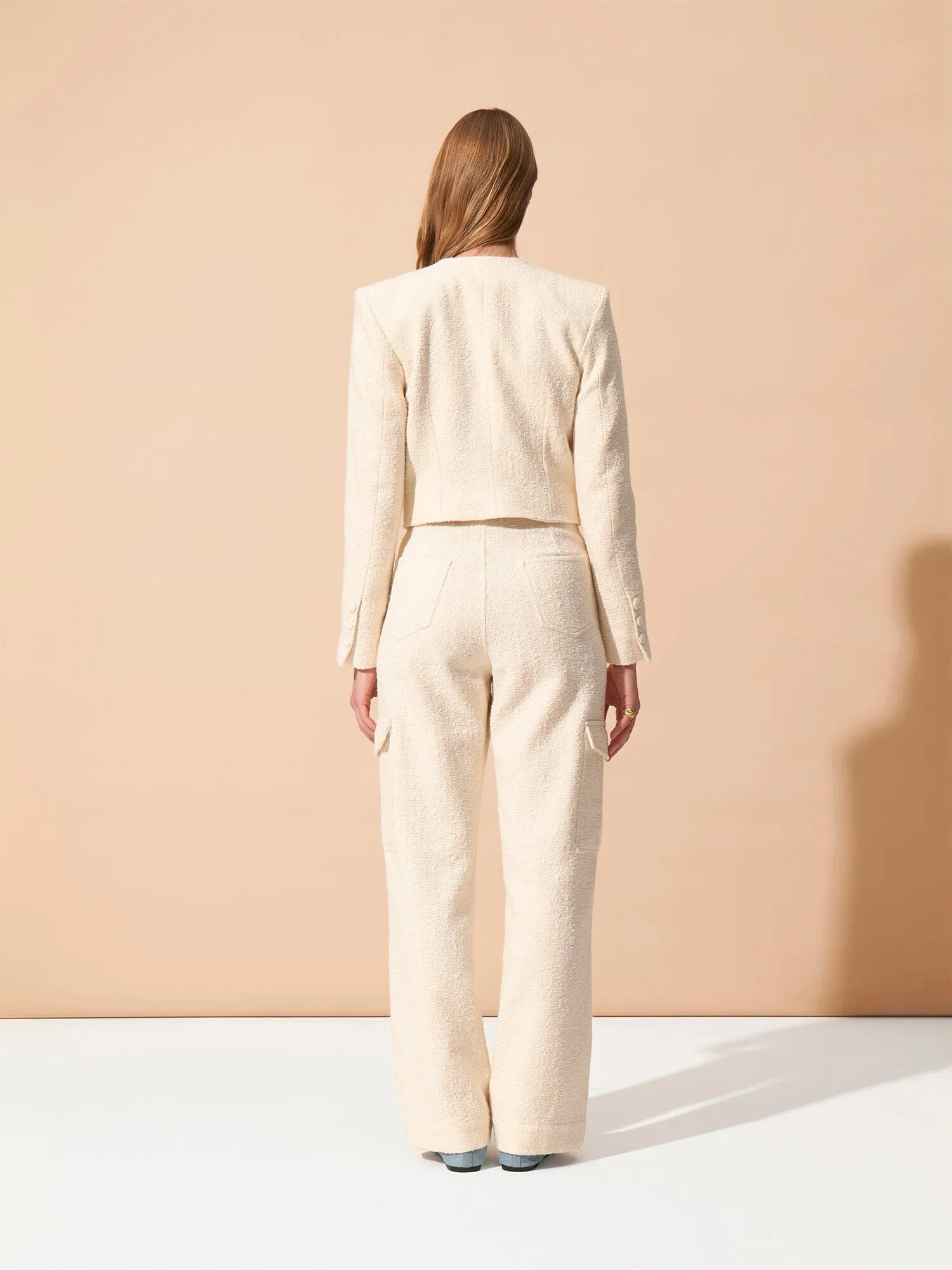 GRACE - Veste cropped à épaulettes en tweed coton et laine texturé Ecru