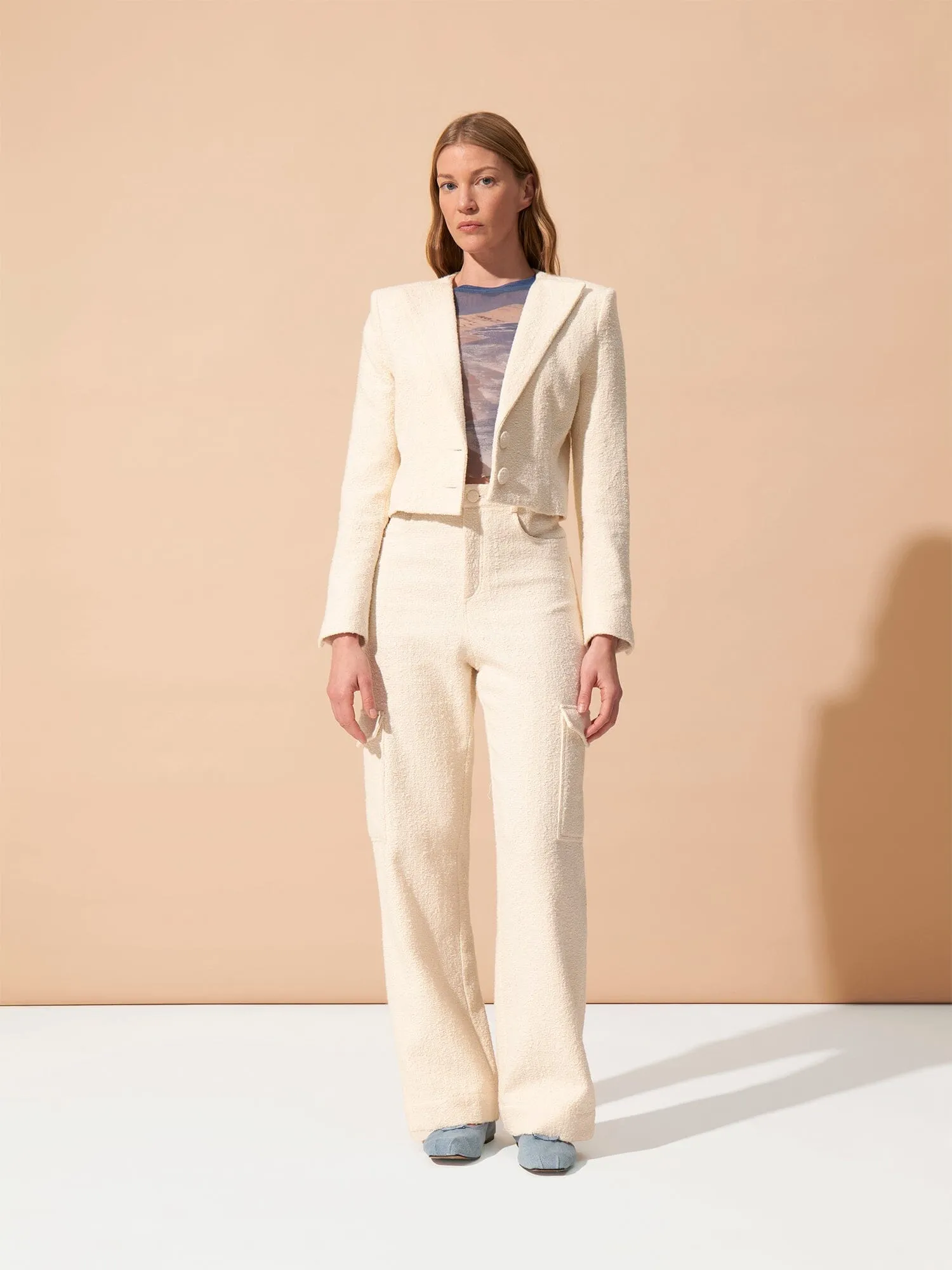 GRACE - Veste cropped à épaulettes en tweed coton et laine texturé Ecru