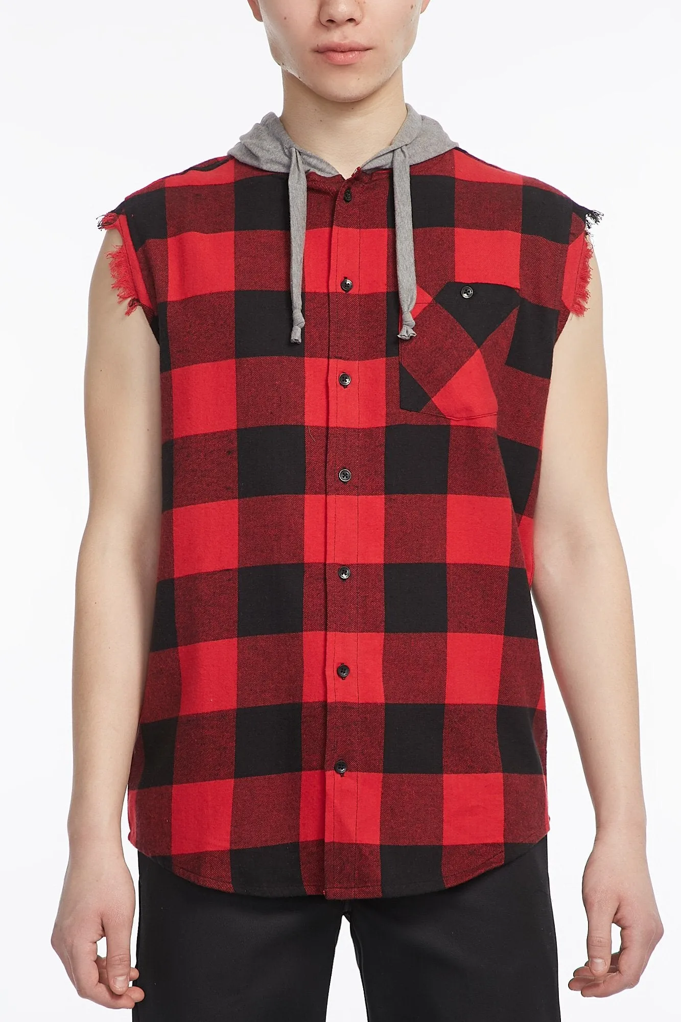 Guys Hood Flannel Sleeveless Button-Up