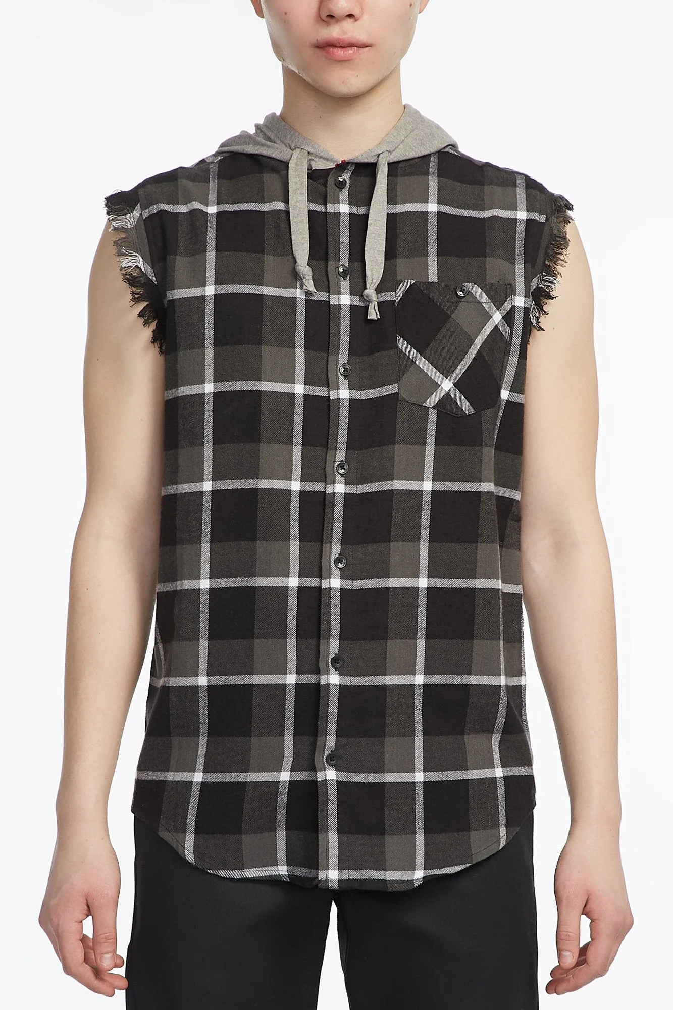 Guys Hood Flannel Sleeveless Button-Up