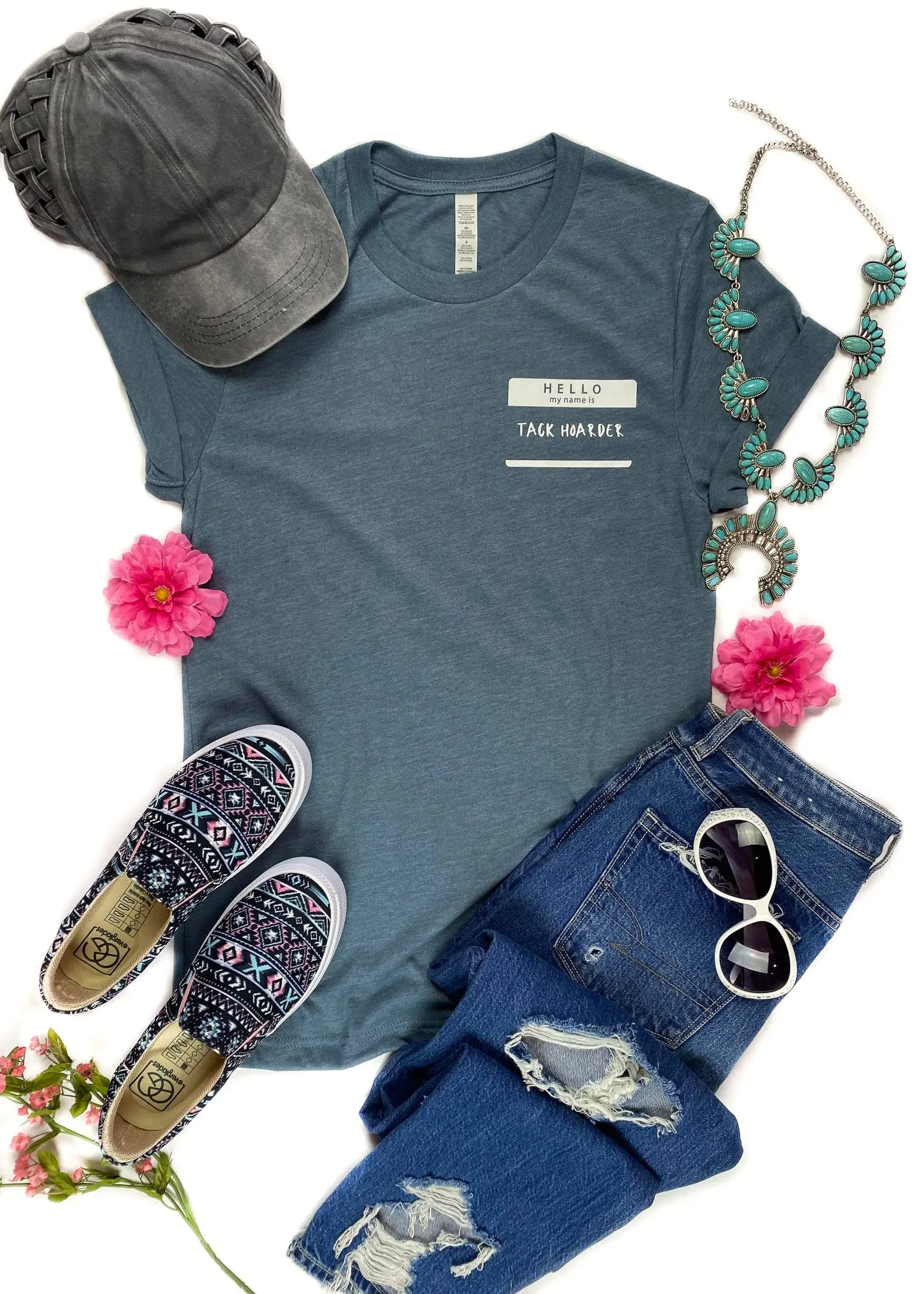 Heather Slate Hello Tack Hoarder Side Short Sleeve Tee