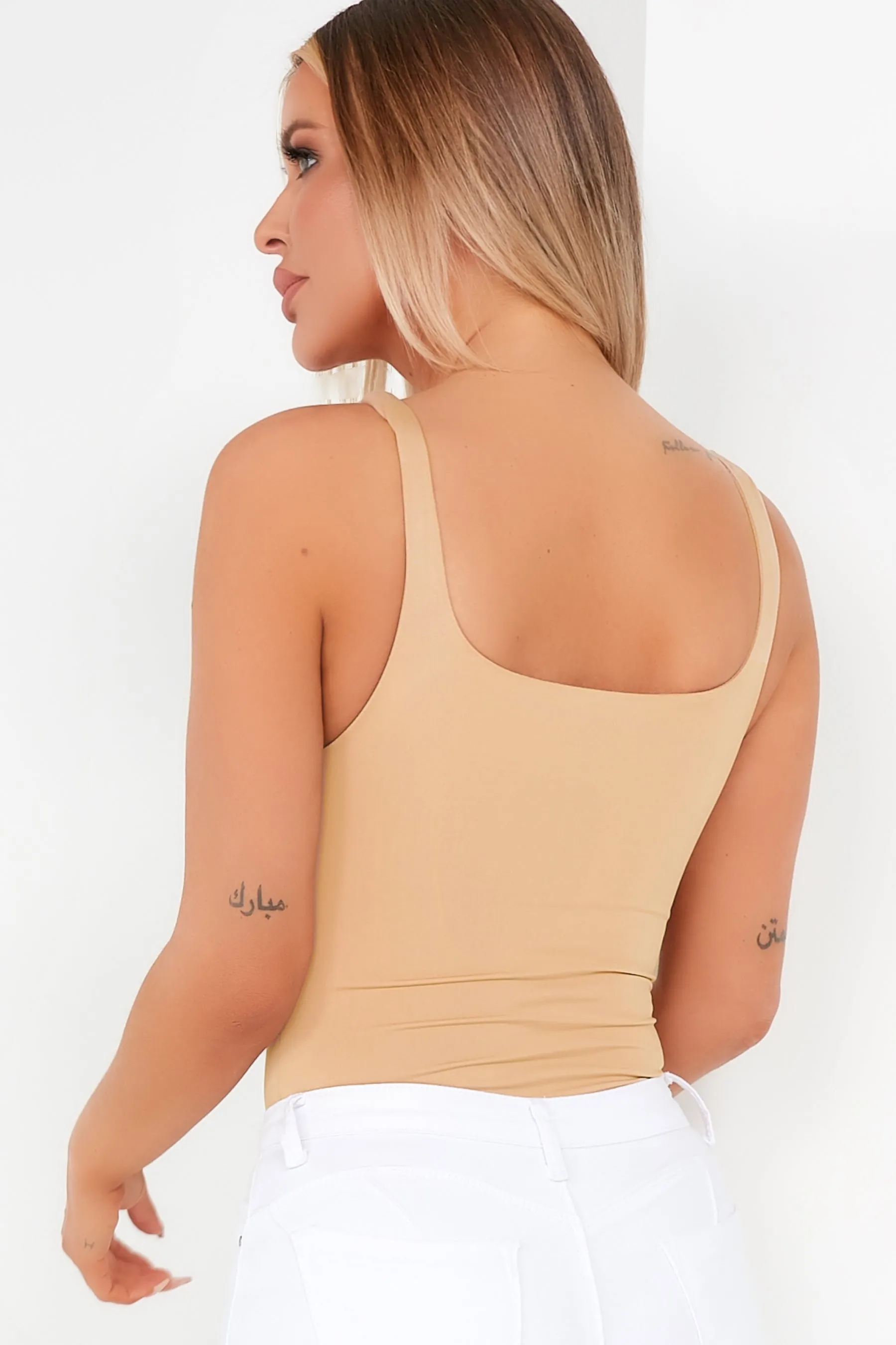 Helena Camel Scoop Neck Slinky Bodysuit