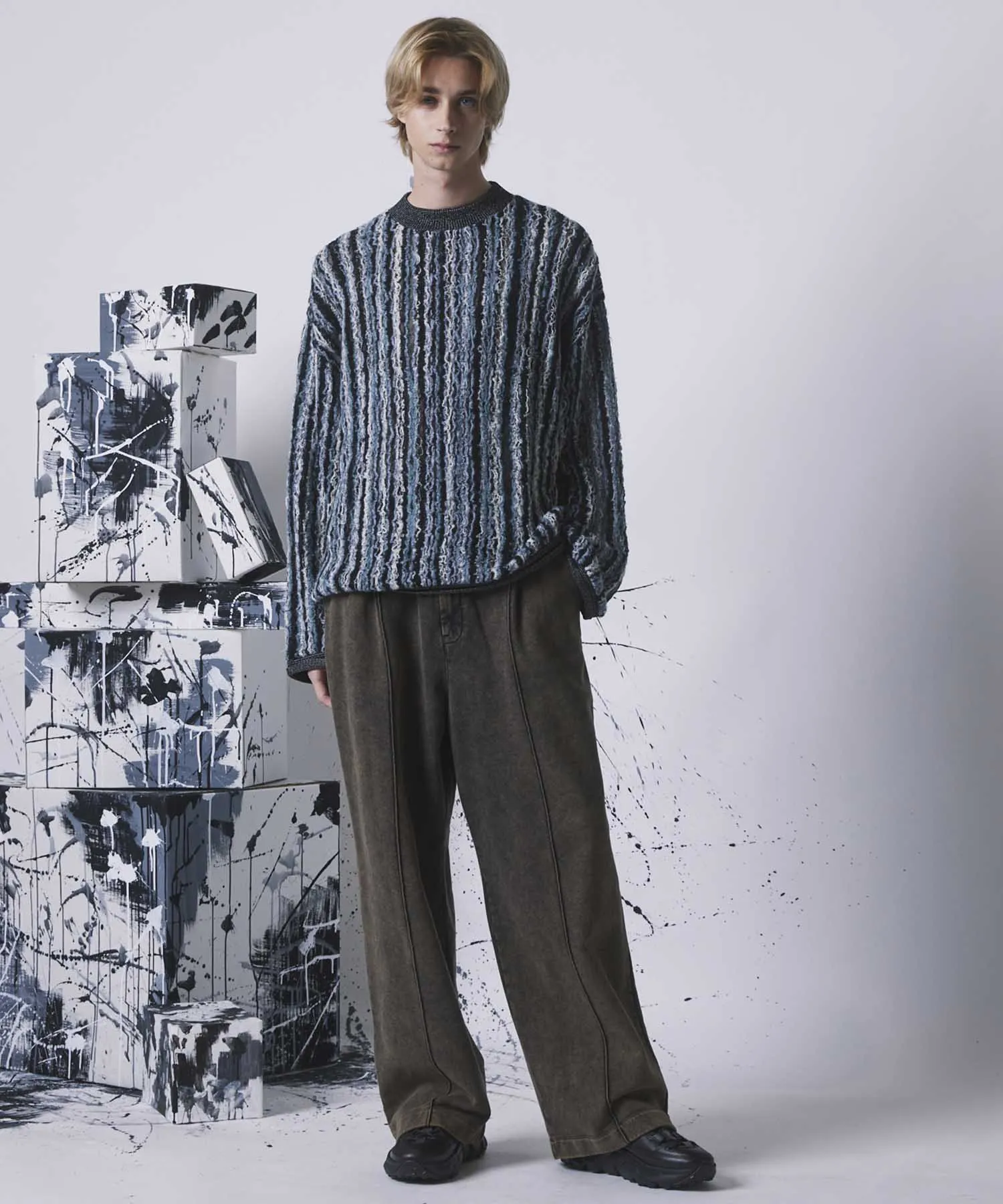 Irregular Inlay Knitting Prime-Over Crew Neck Knit Pullover