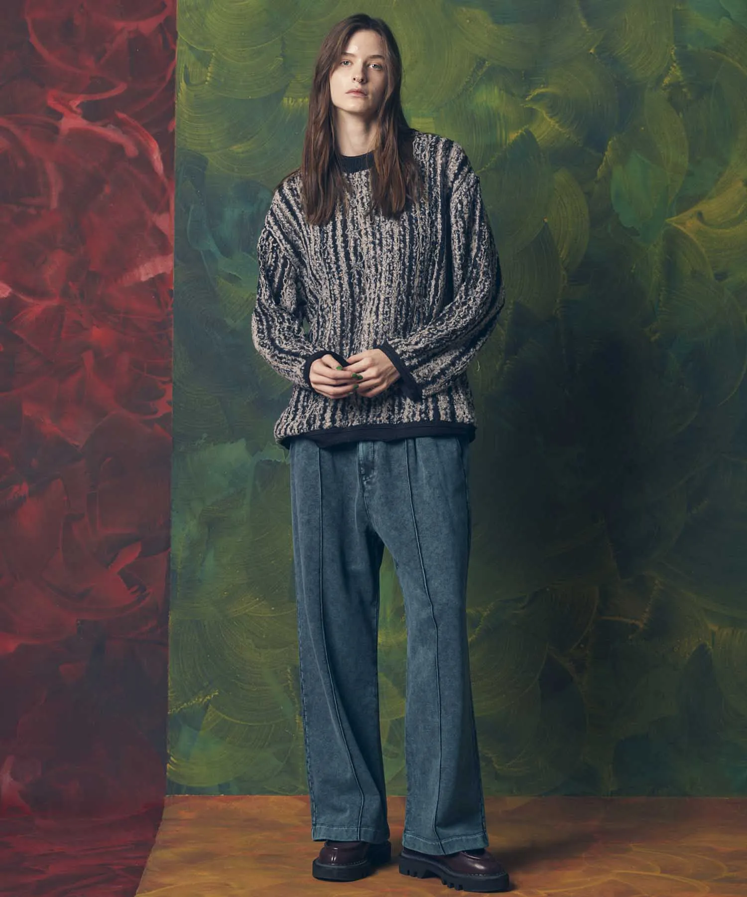 Irregular Inlay Knitting Prime-Over Crew Neck Knit Pullover