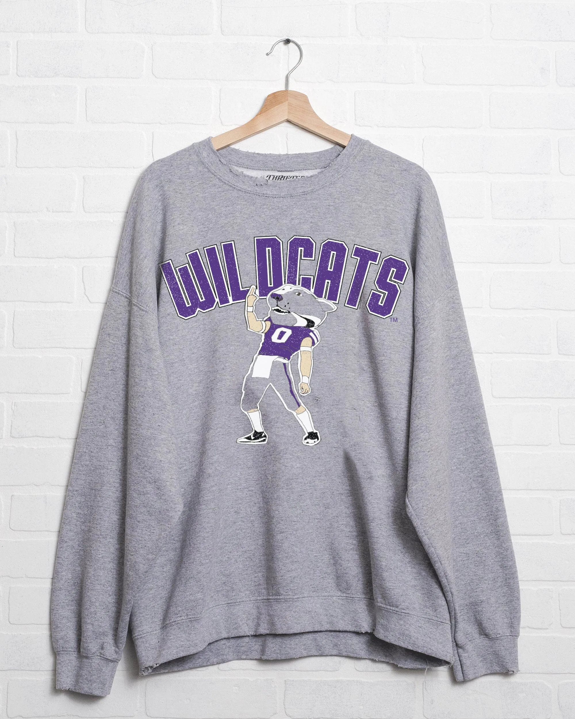 KSU Wildcats Cartoon Mascot Puff Ink Gray Thrifted Sweatshirt