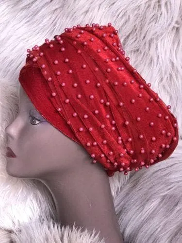 Large Beaded  Red Double velvet Turban Head Wraps | Premade Chemocap