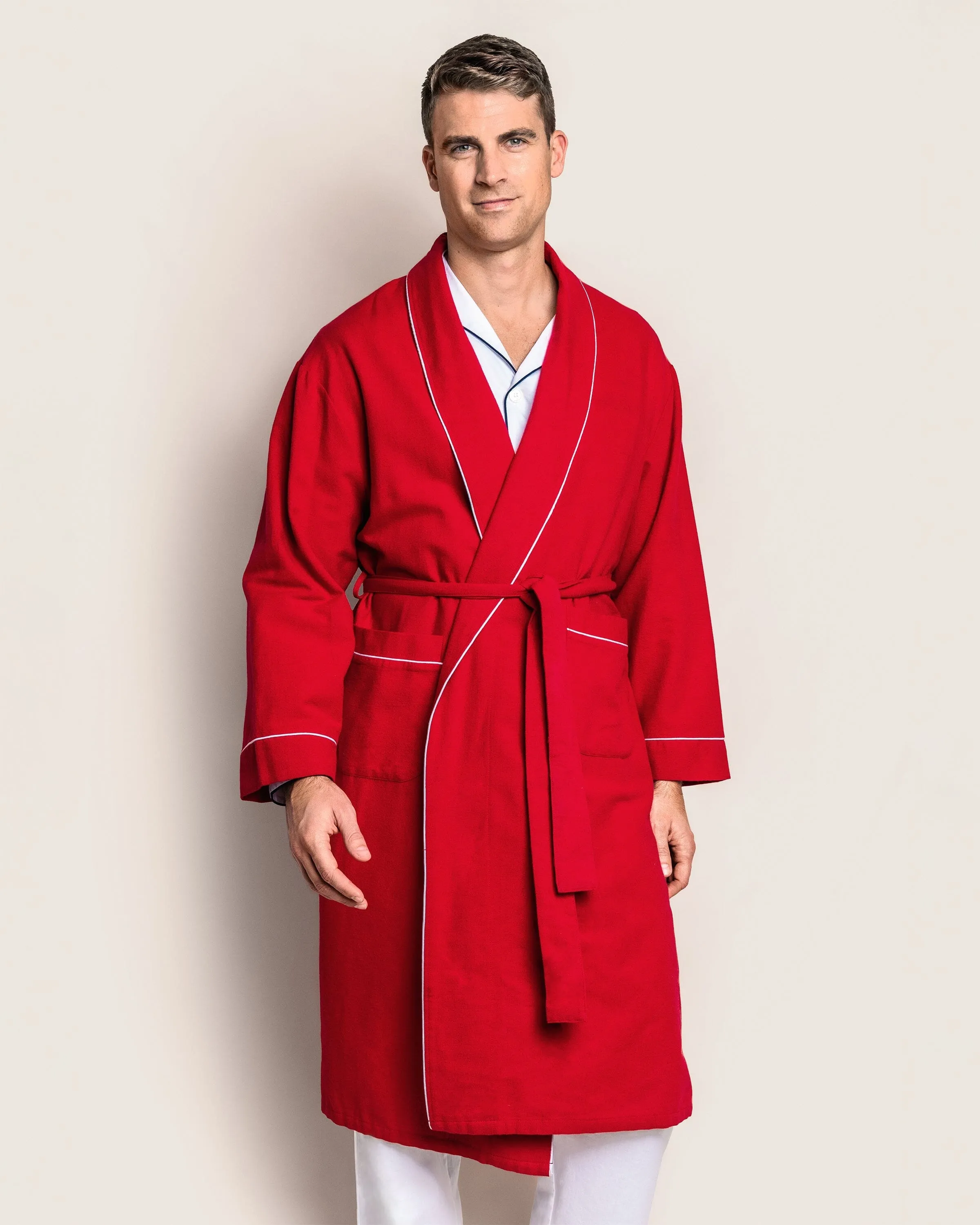 Men's Flannel Robe | Red with White Piping