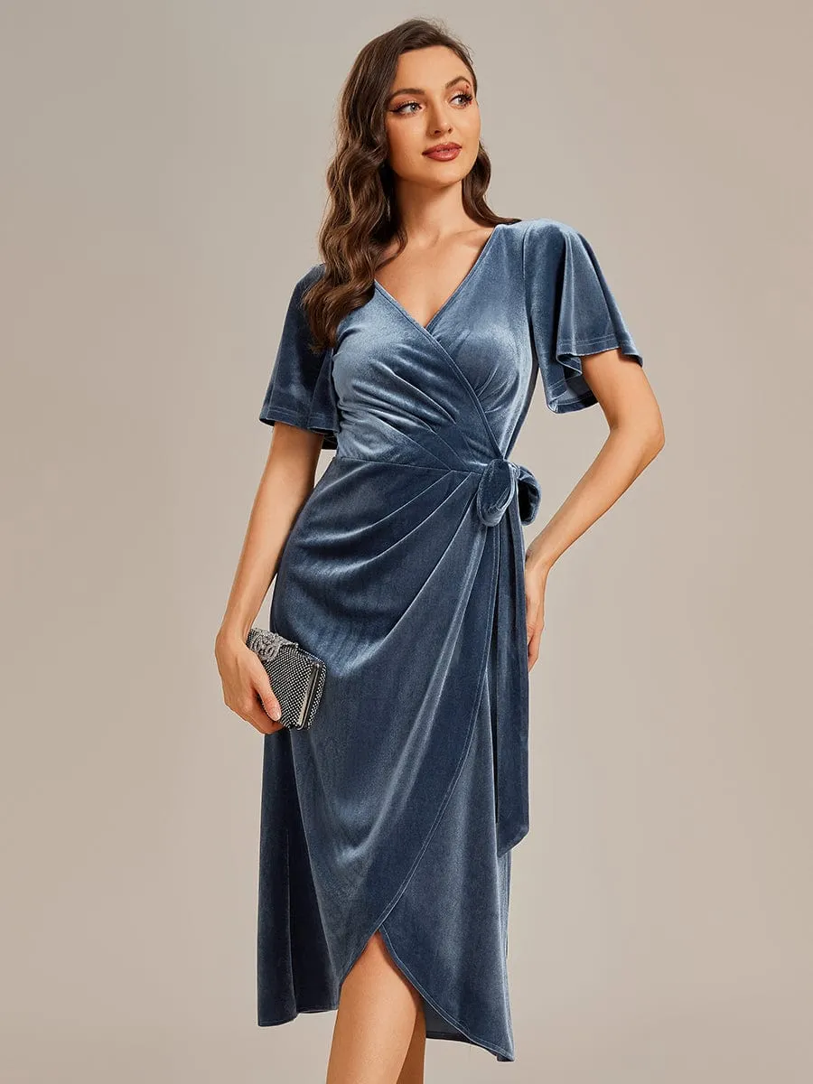 One-Piece Type Short Sleeves V-Neck Velvet Midi Wedding Guest Dress