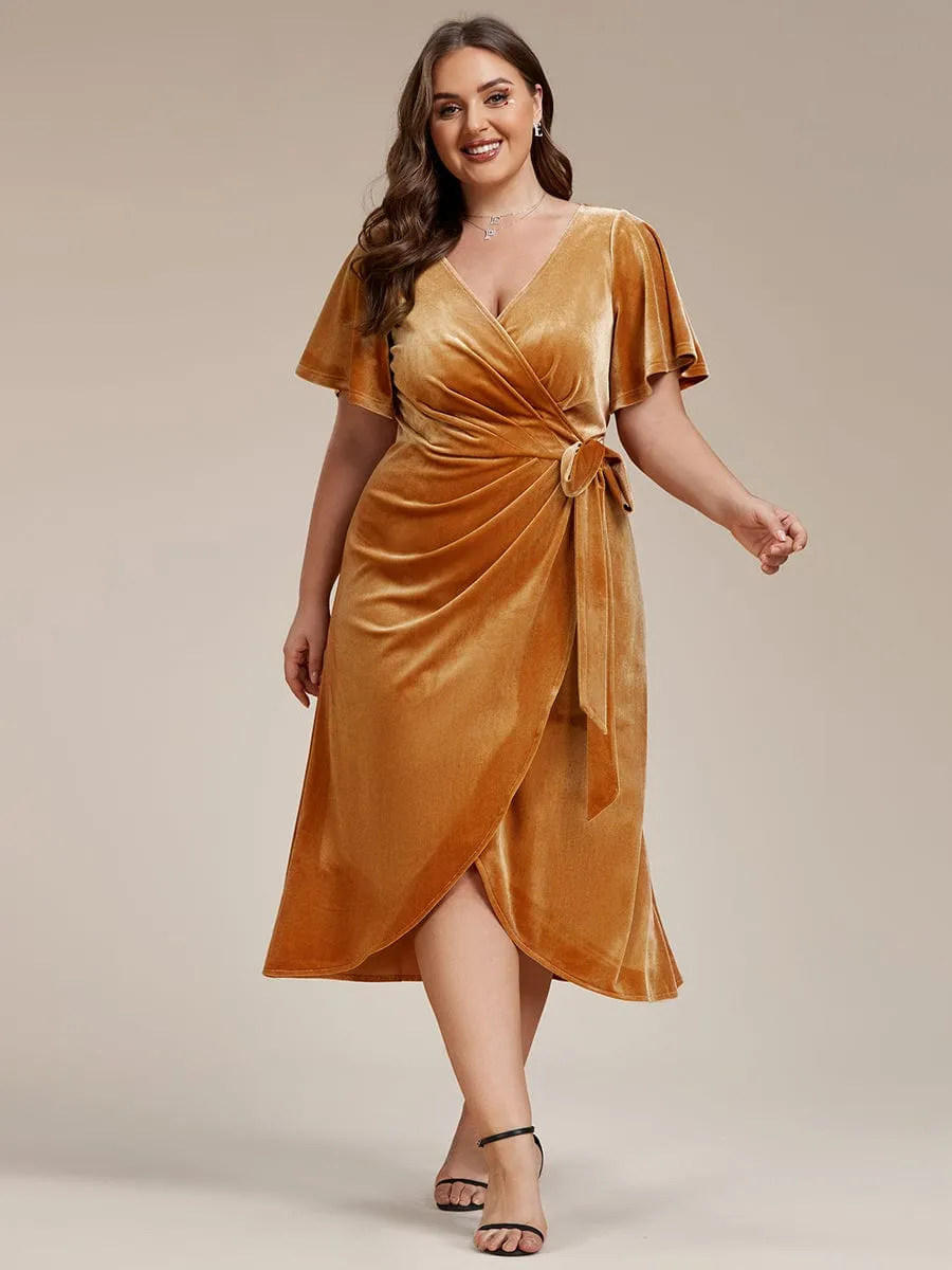 One-Piece Type Short Sleeves V-Neck Velvet Midi Wedding Guest Dress