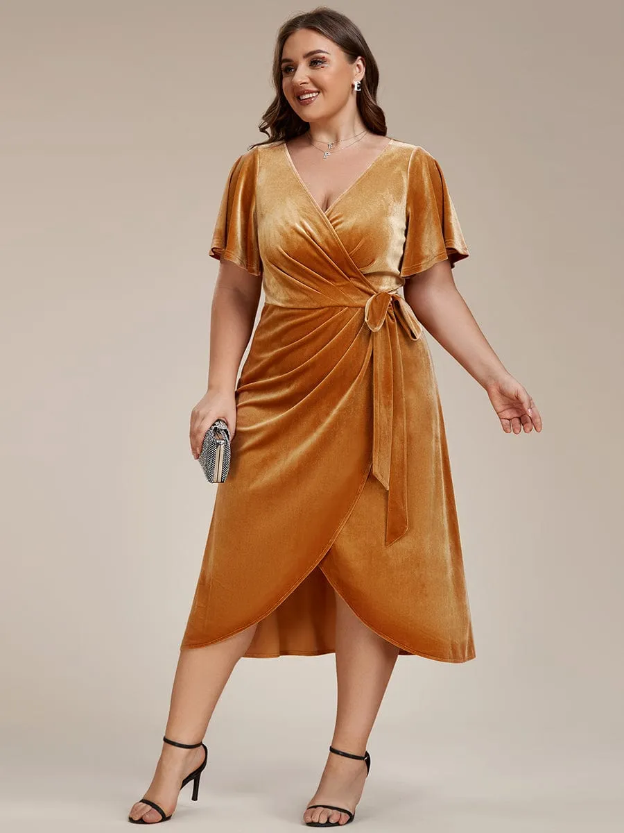One-Piece Type Short Sleeves V-Neck Velvet Midi Wedding Guest Dress