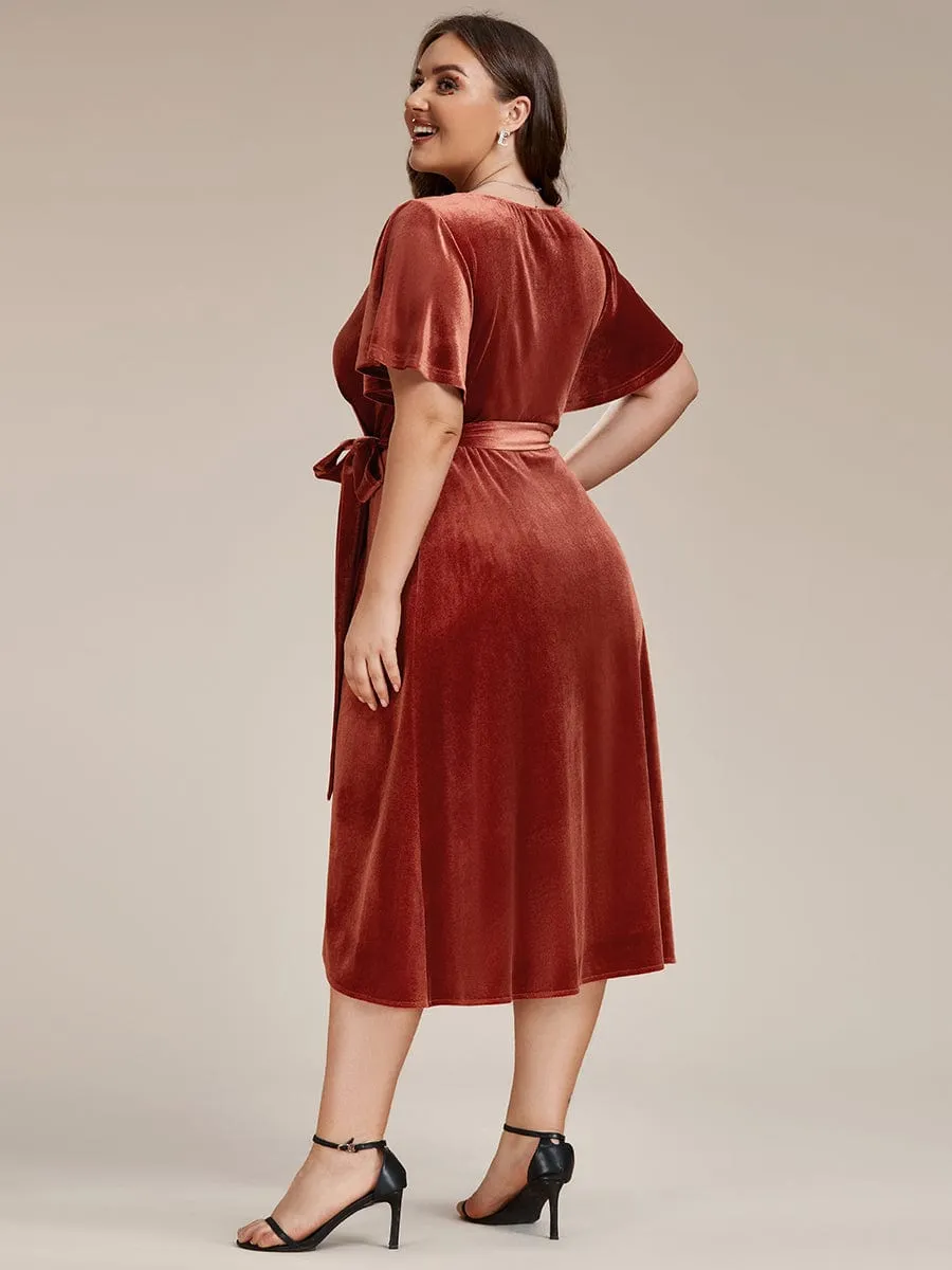One-Piece Type Short Sleeves V-Neck Velvet Midi Wedding Guest Dress