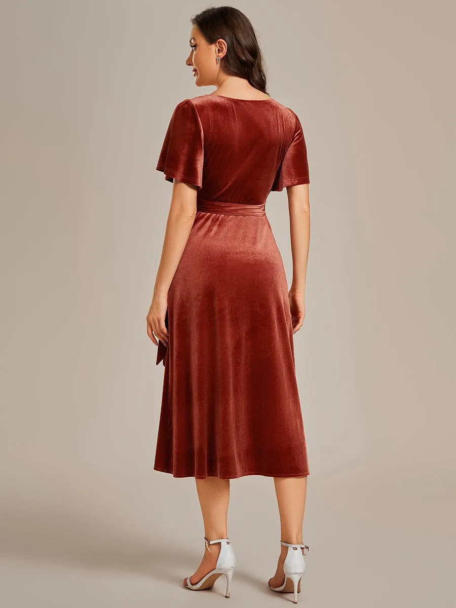 One-Piece Type Short Sleeves V-Neck Velvet Midi Wedding Guest Dress