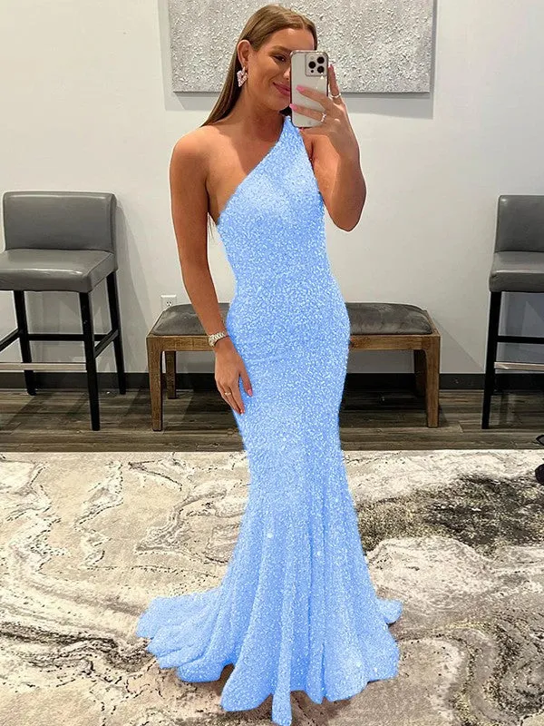 Pink Sheath One Shoulder Sleeveless Long Sweep Train Velvet Sequin Prom Dress (AF1004)