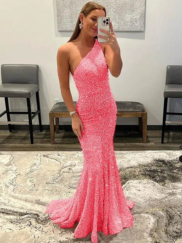 Pink Sheath One Shoulder Sleeveless Long Sweep Train Velvet Sequin Prom Dress (AF1004)