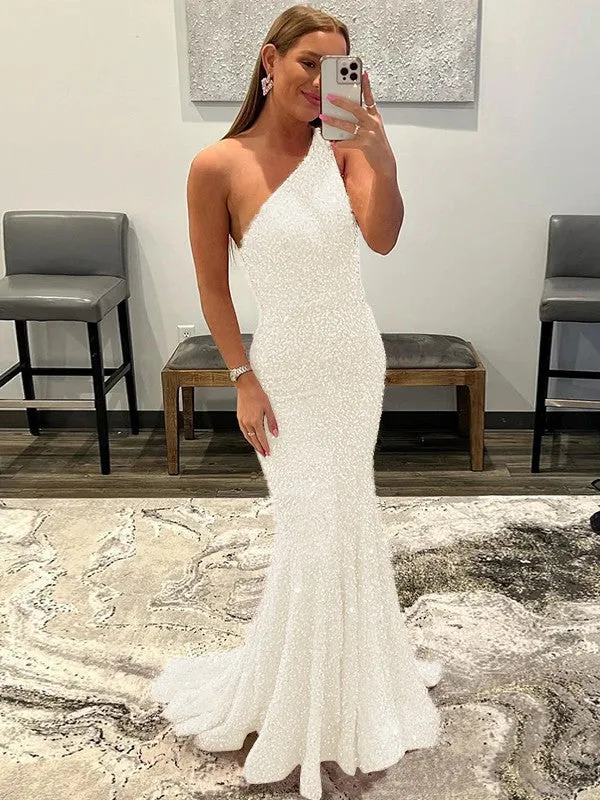 Pink Sheath One Shoulder Sleeveless Long Sweep Train Velvet Sequin Prom Dress (AF1004)