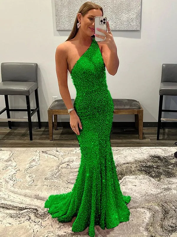 Pink Sheath One Shoulder Sleeveless Long Sweep Train Velvet Sequin Prom Dress (AF1004)