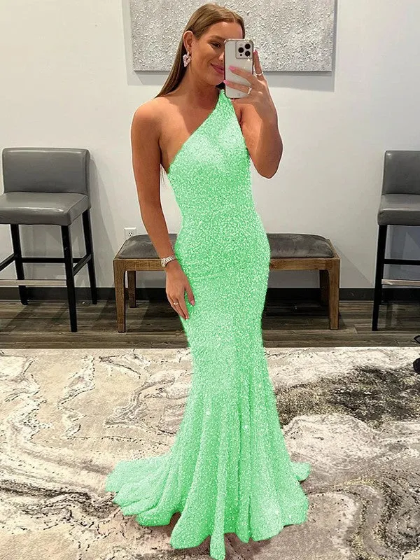 Pink Sheath One Shoulder Sleeveless Long Sweep Train Velvet Sequin Prom Dress (AF1004)
