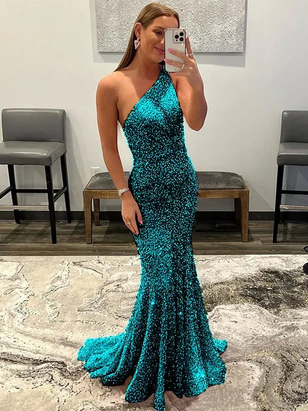 Pink Sheath One Shoulder Sleeveless Long Sweep Train Velvet Sequin Prom Dress (AF1004)