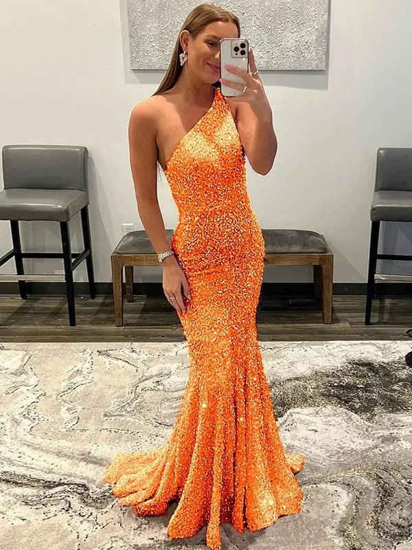 Pink Sheath One Shoulder Sleeveless Long Sweep Train Velvet Sequin Prom Dress (AF1004)