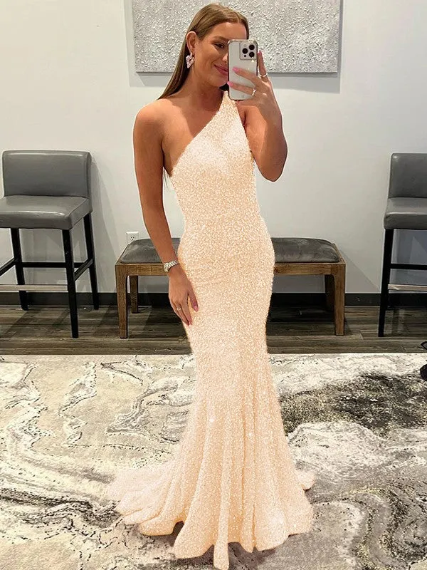 Pink Sheath One Shoulder Sleeveless Long Sweep Train Velvet Sequin Prom Dress (AF1004)