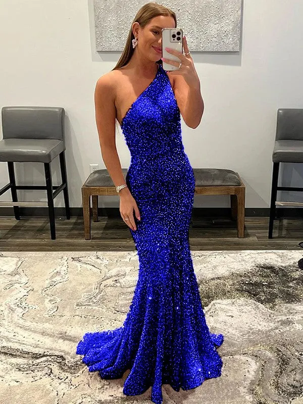 Pink Sheath One Shoulder Sleeveless Long Sweep Train Velvet Sequin Prom Dress (AF1004)